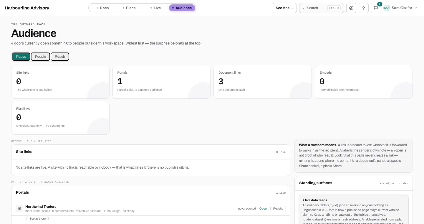 The Audience module: share links, portals and embeds, each with its reach and a revoke