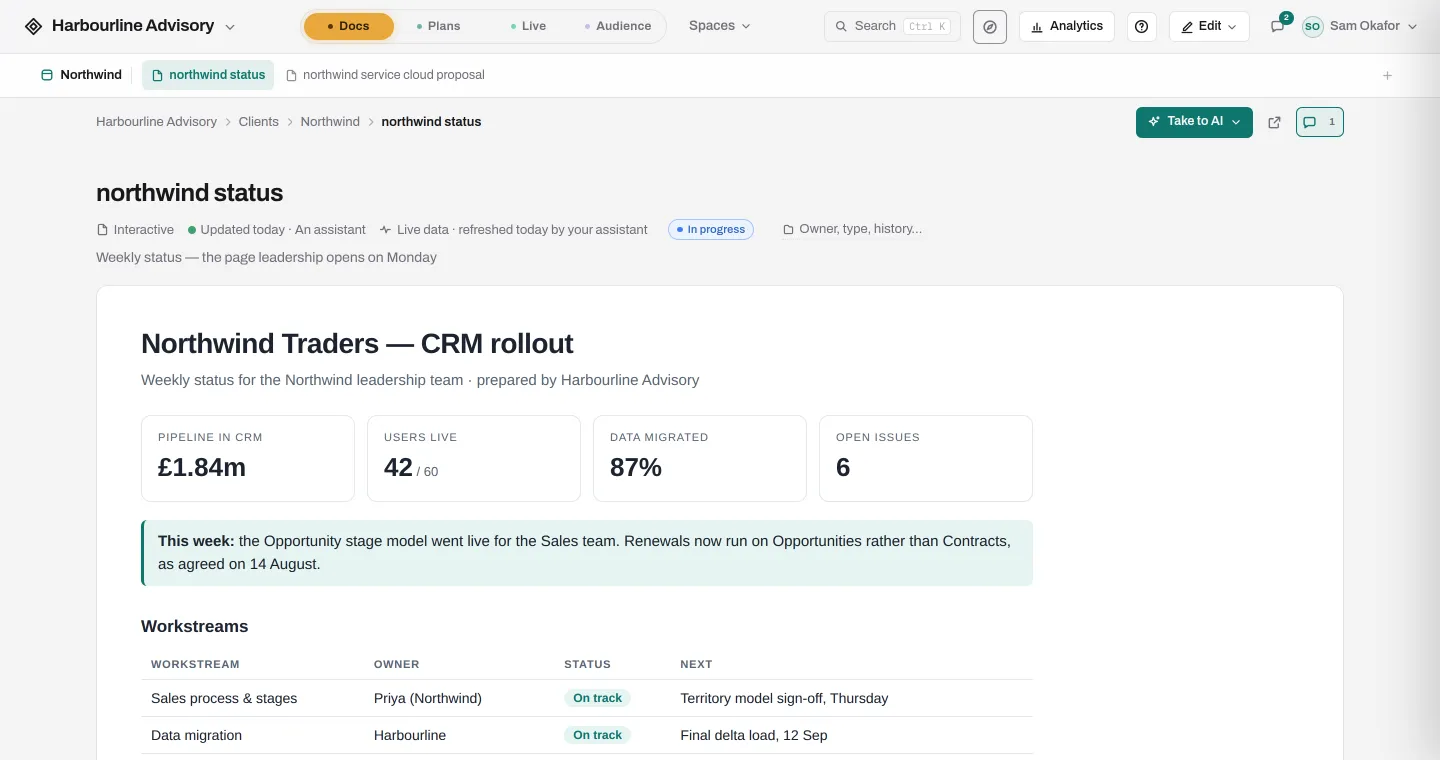 A client status page as a member reads it, with its status chip and comment thread