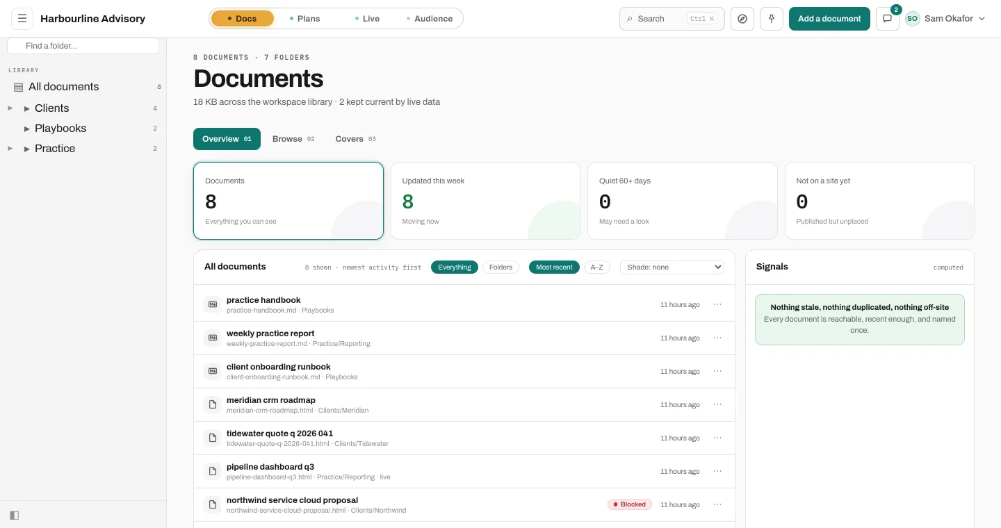 The Docs module: a library of published documents in folders, each with a status and a version count