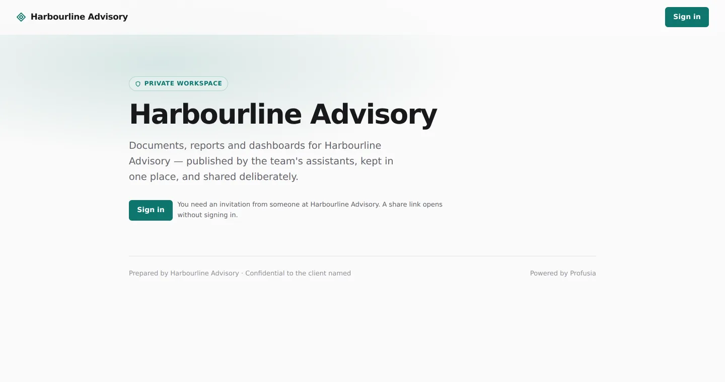 A workspace's own subdomain as a stranger sees it: the company's name, its colours, and a sign-in