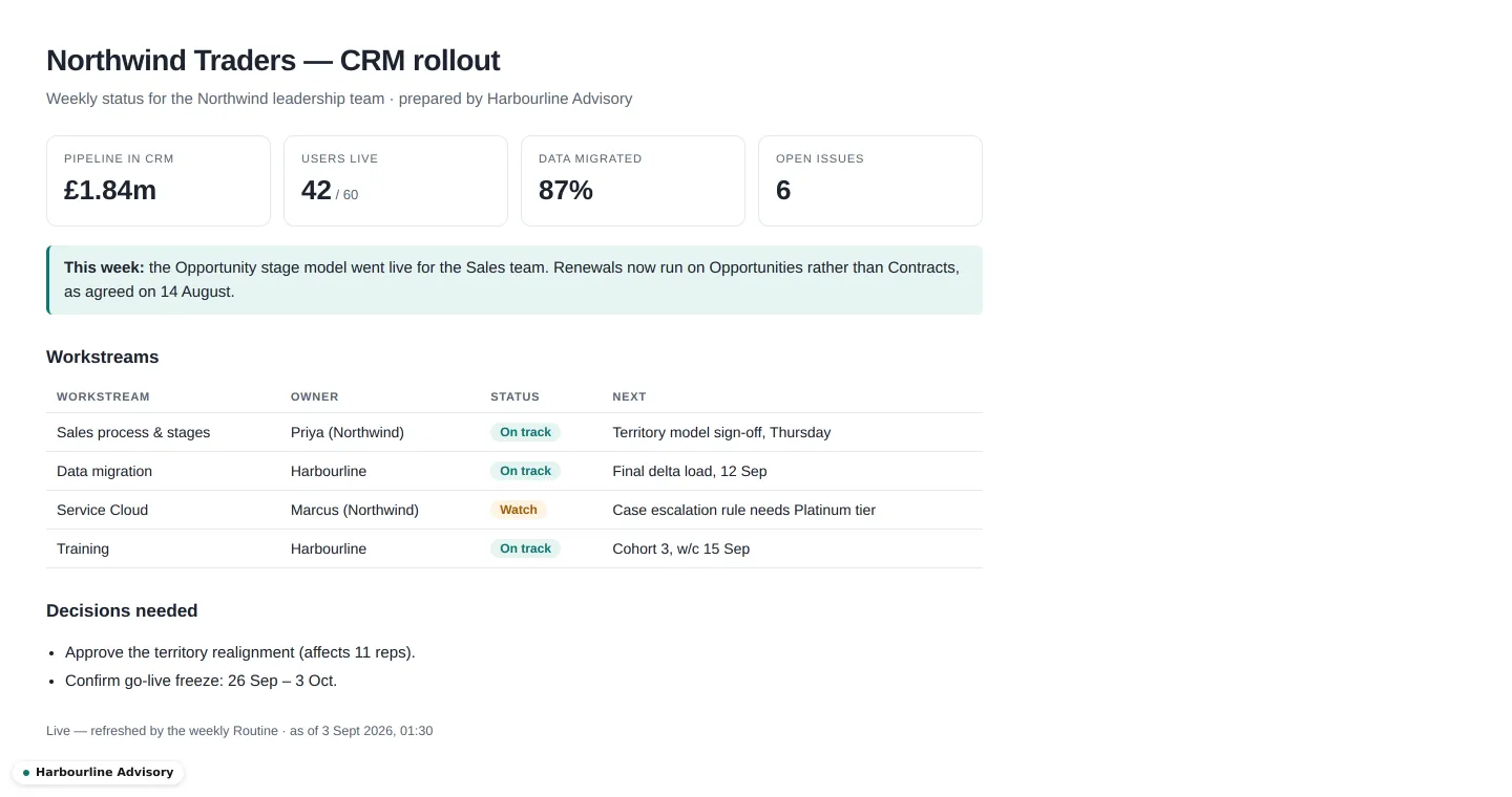 A shared live page as the recipient sees it: one address, the current numbers, no account