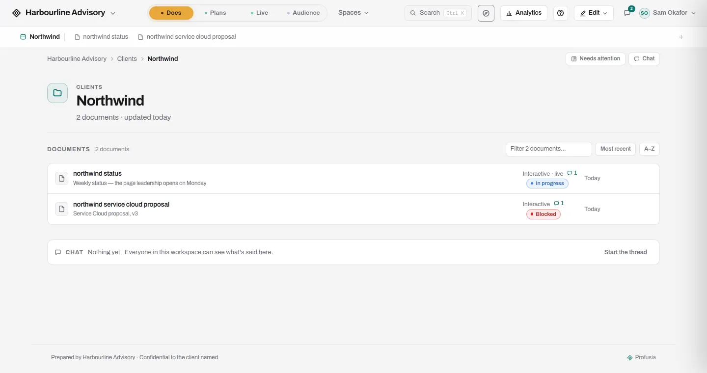 One client's space: its documents with statuses, written context and a discussion thread